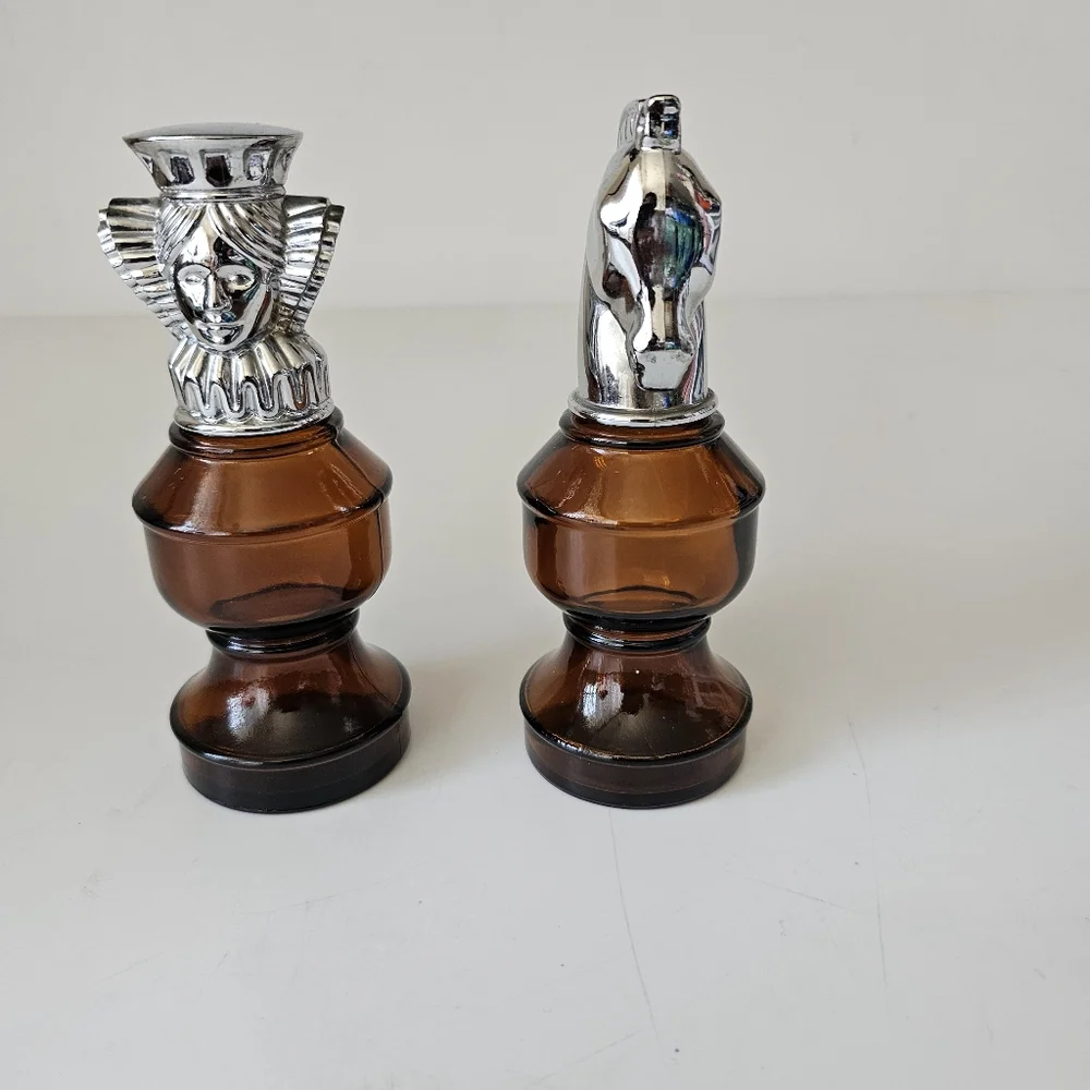 Vintage Chess Silver Head Refillable Brown Bottles Avon 3 oz